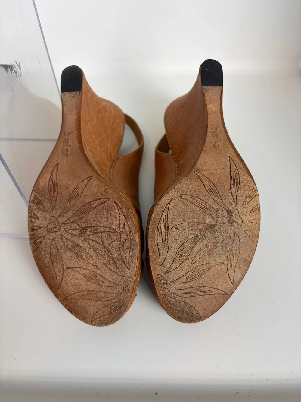 Bolo Leather Peep-Toe Slingback Wedge Sandals in Cognac; Size 8/39; Made by Born